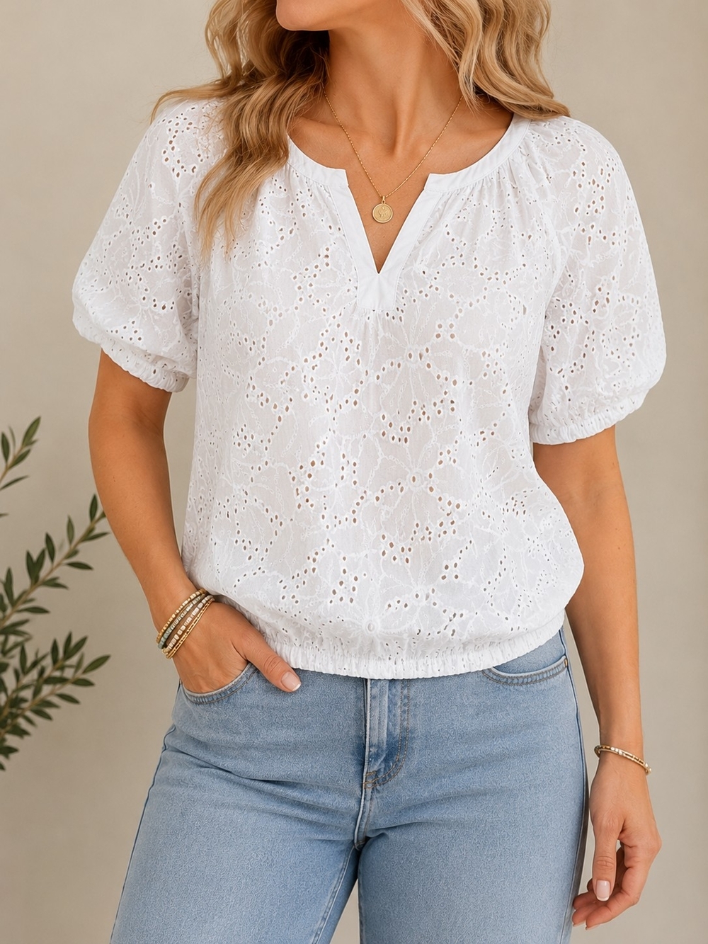 Grand & Greene White Eyelet Embroidered Blouse XL 100% Cotton Short Sleeve Boho